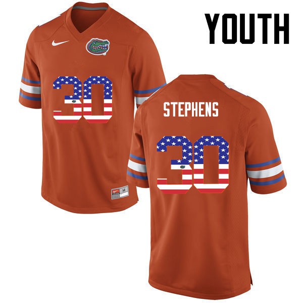 Florida Gators Youth #30 Garrett Stephens College Football USA Flag Fashion Orange